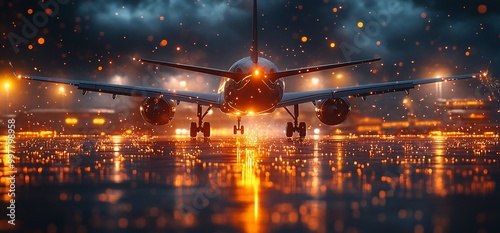 Airplane on runway at night with lights.