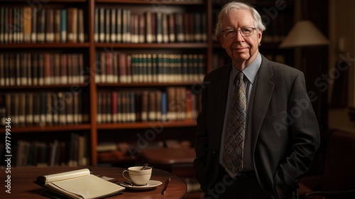 The professor, dressed in a suit, exudes confidence as he poses next to a vast collection of academic books, showcasing his expertise. Generative AI