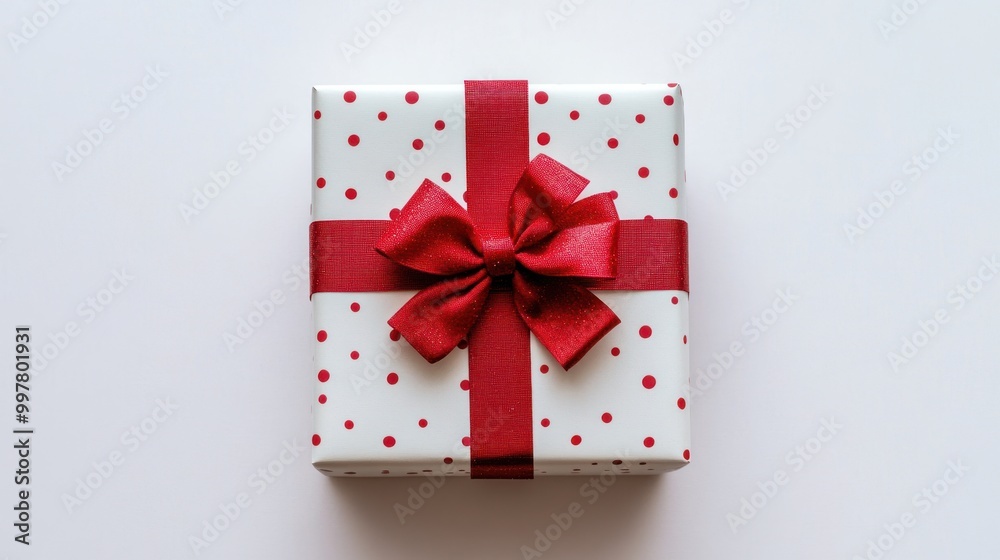 A neatly wrapped gift with a red ribbon and bow on a white background, decorated with white and red polka dots.