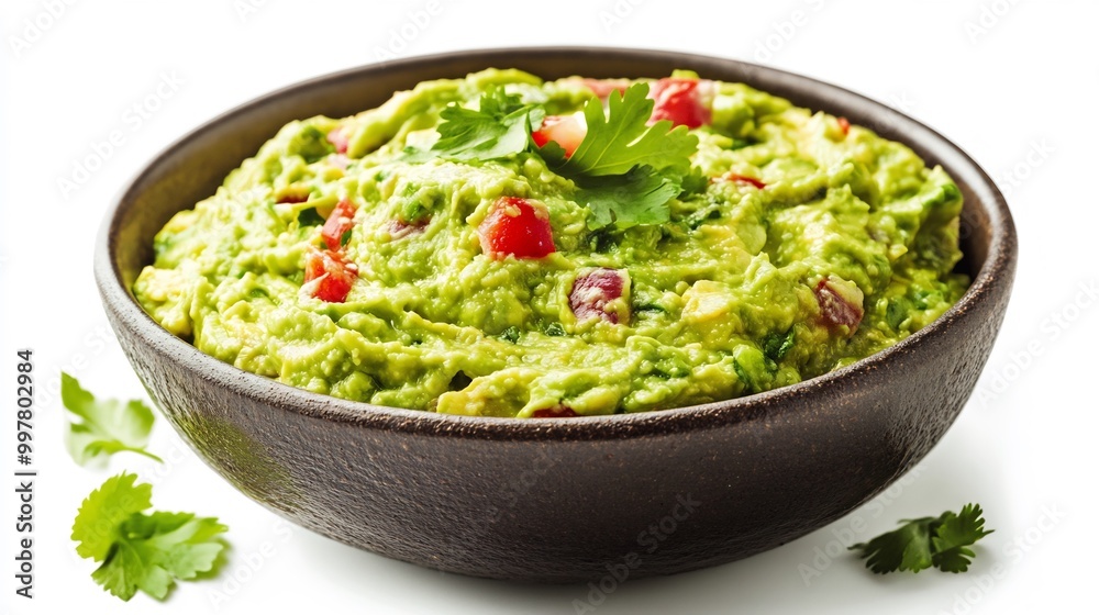 Freshly Made Guacamole in a Brown Bowl with Parsley Garnish Freshly Made Guacamole in a Brown Bowl with Parsley Garnish