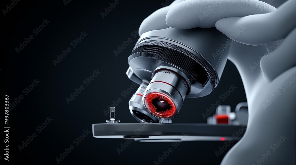 Microscopic Marvel: A close-up of a scientist's gloved hand meticulously adjusting a high-powered microscope, ready for groundbreaking discovery. The image is rich in detail and texture. Microscopic Marvel: A close-up of a scientist's gloved hand meticulously adjusting a high-powered microscope, ready for groundbreaking discovery. The image is rich in detail and texture.