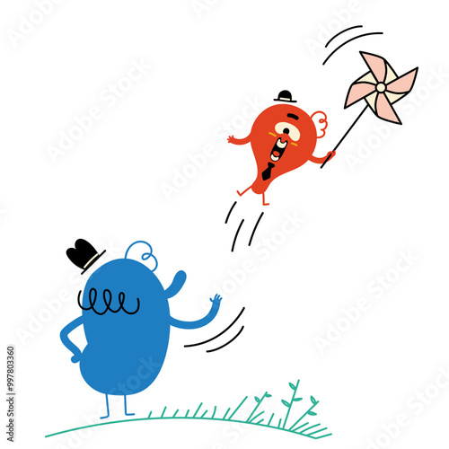 Character waving goodbye to his flying away friend