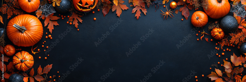 Pumpkins, leaves, and spiders create a festive Halloween border. Pumpkins, leaves, and spiders create a festive Halloween border.