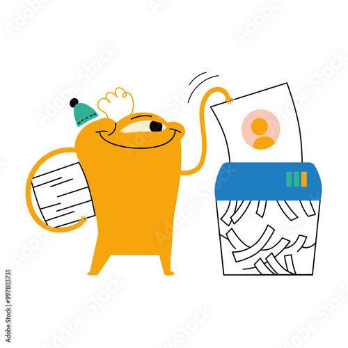Character putting documents in shredder