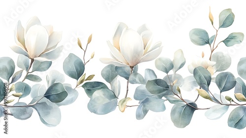 Watercolor Magnolia and Eucalyptus Floral Border