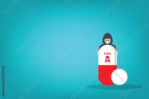 Fake medicine. Pill and tablet with criminal selling illegal drugs. Fake drugs, pharmaceutical. Symbolic for harmful counterfeit pills, risk and danger of illegal produced and sold pharmaceuticals.