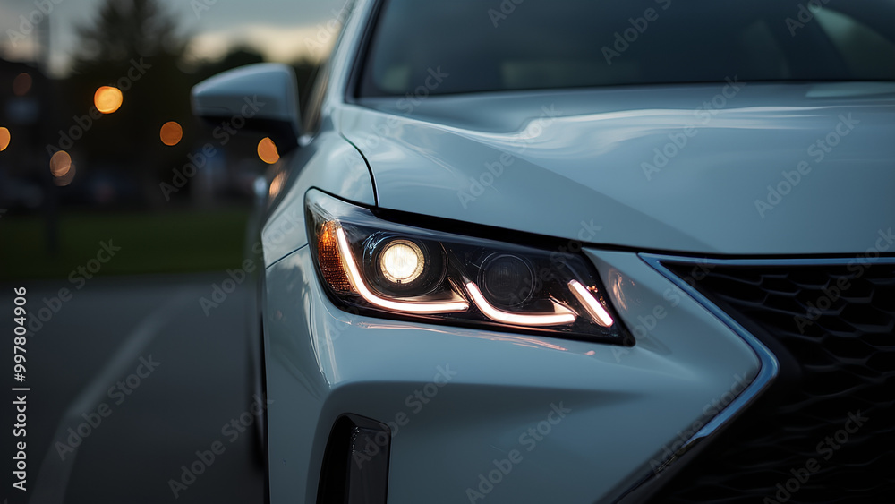 the headlights of a white car with the grill lights turned on the headlights of a white car with the grill lights turned on