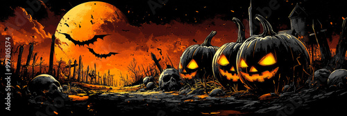 Spooky jack-o'-lanterns glow in a graveyard under a blood-orange moon.