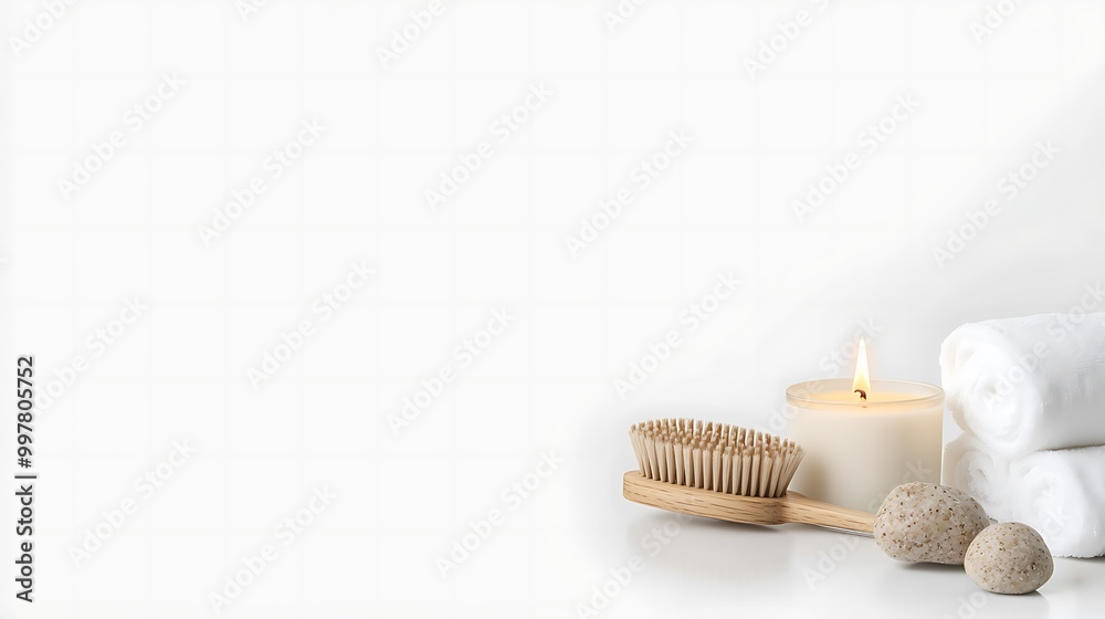 Spa essentials including a wooden body brush, natural soap, and a lit candle, arranged aesthetically with copy space for text, high-end magazine photography, deep depth of field, Product photography Spa essentials including a wooden body brush, natural soap, and a lit candle, arranged aesthetically with copy space for text, high-end magazine photography, deep depth of field, Product photography