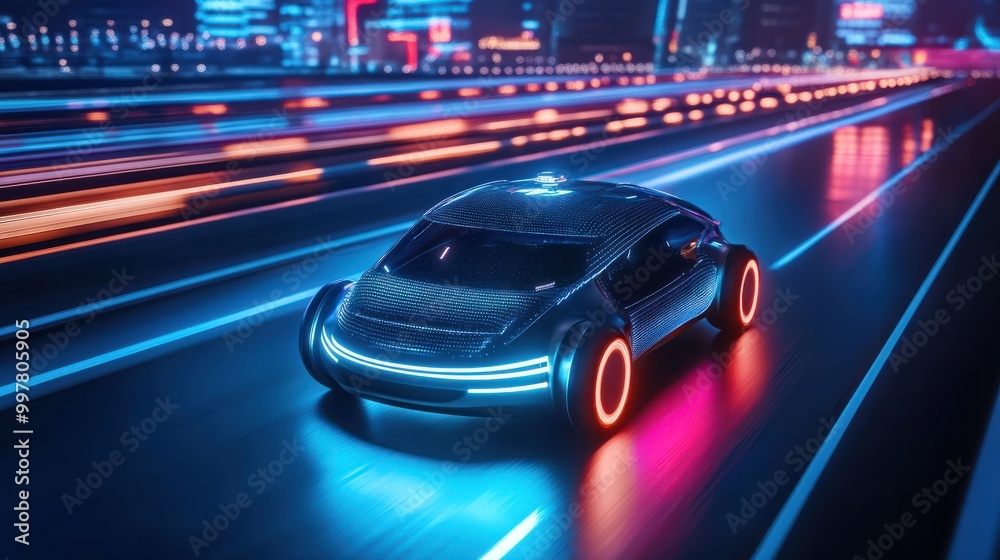 Obraz premium A futuristic autonomous vehicle gracefully navigating a night illuminated highway symbolizing the advancement of transportation technology and the future of self-driving cars
