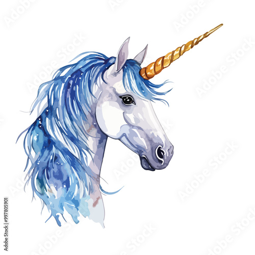 Hand drawn cute unicorn portrait vector watercolor art isolated on white background