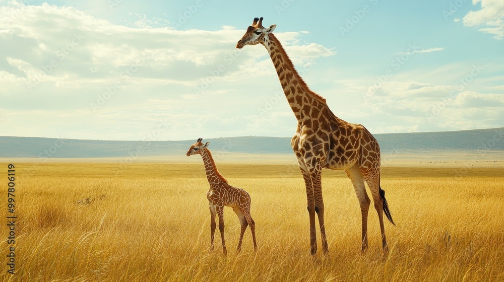 Obraz premium A baby giraffe standing next to its mother, surrounded by the wide-open plains of Africa, highlighting the bond between them.