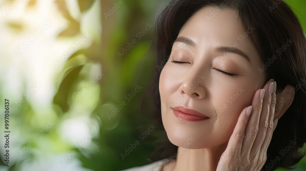 A middle-aged Asian woman with closed eyes, gently touching her face and smiling slightly against the high-definition background of skin care products for older women. A middle-aged Asian woman with closed eyes, gently touching her face and smiling slightly against the high-definition background of skin care products for older women.