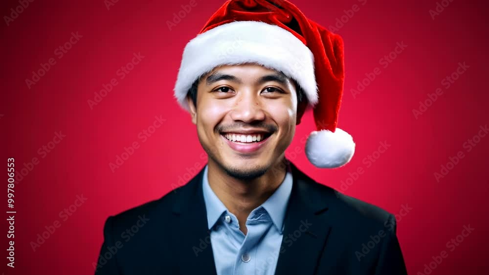 Young smiley Asian businessman in Santa hat on red background. Smiling wide, he captures the essence of the festive season. Young smiley Asian businessman in Santa hat on red background. Smiling wide, he captures the essence of the festive season.