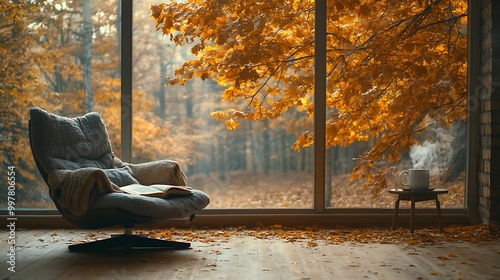 A comfortable armchair by a wide window, an open book and a steaming hot drink on the side table, with a tree outside shedding its golden autumn leaves. photo