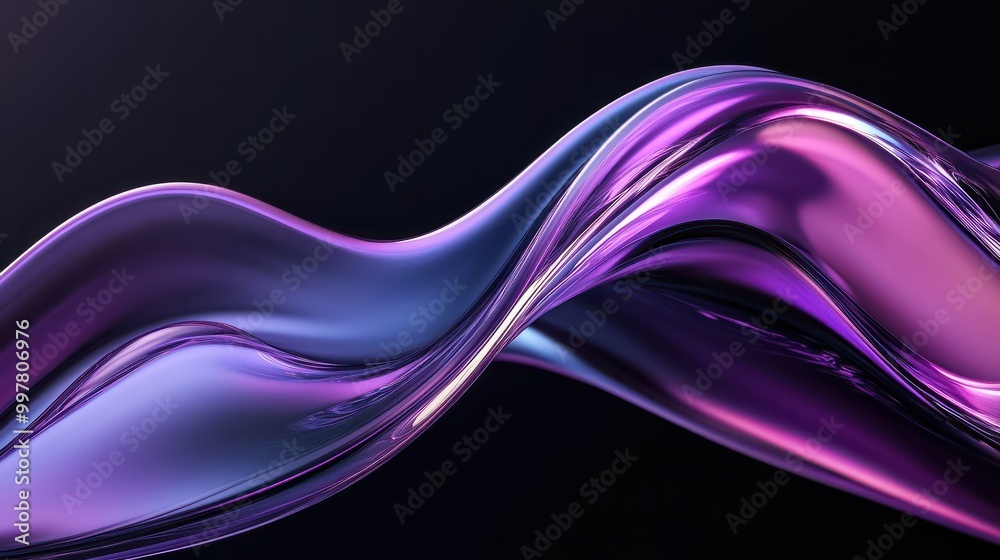 Fototapeta premium abstract 3D background in the form of a transparent purple wave on a black background, liquid glass texture, purple iridescent shiny wave
