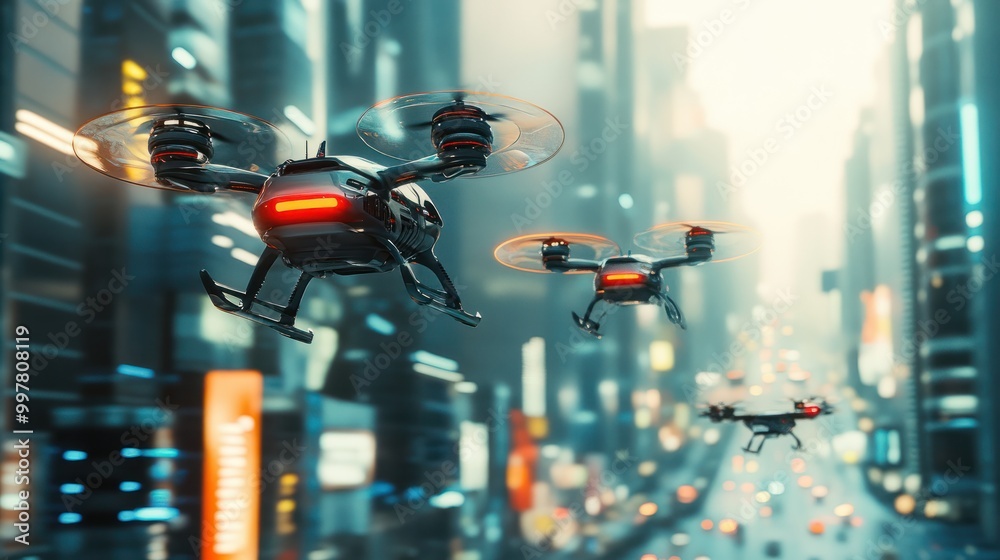 An advanced urban transportation network with flying cars and autonomous drones. An advanced urban transportation network with flying cars and autonomous drones.