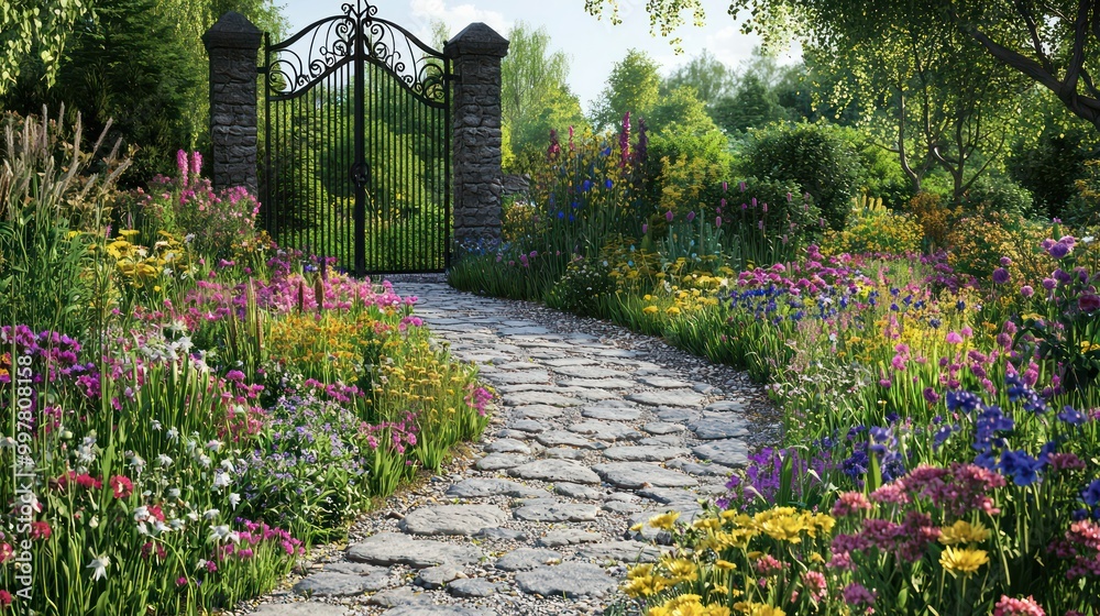 An English country garden with a stone path winding through wildflower ...