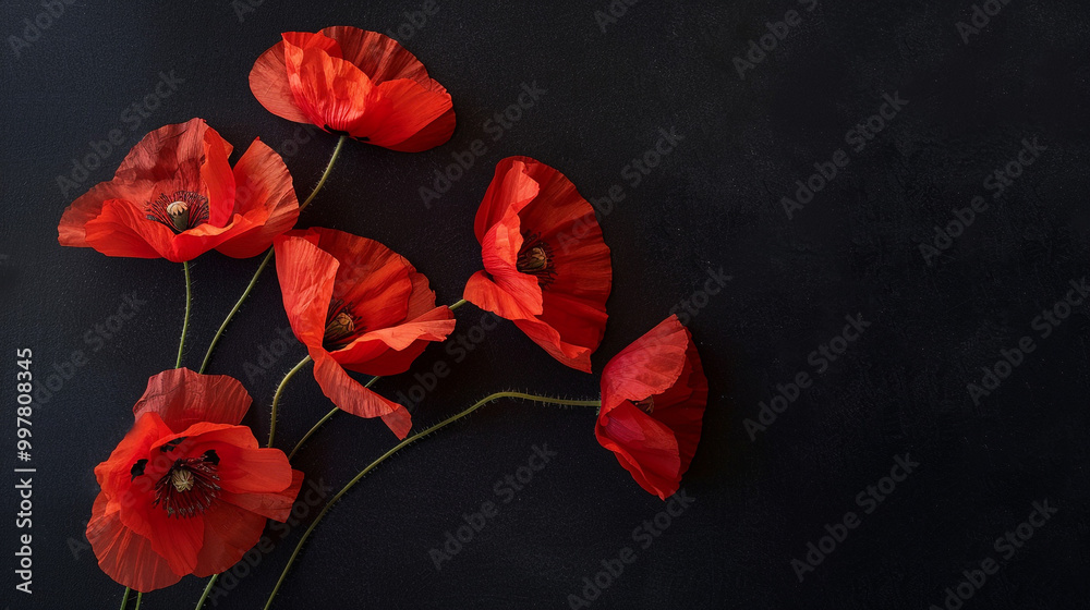 Vibrant Red Poppies Against a Dark Background. A stunning arrangement of red poppies with delicate details set against a dark, contrasting background. Perfect for botanical and nature-themed designs. Vibrant Red Poppies Against a Dark Background. A stunning arrangement of red poppies with delicate details set against a dark, contrasting background. Perfect for botanical and nature-themed designs.
