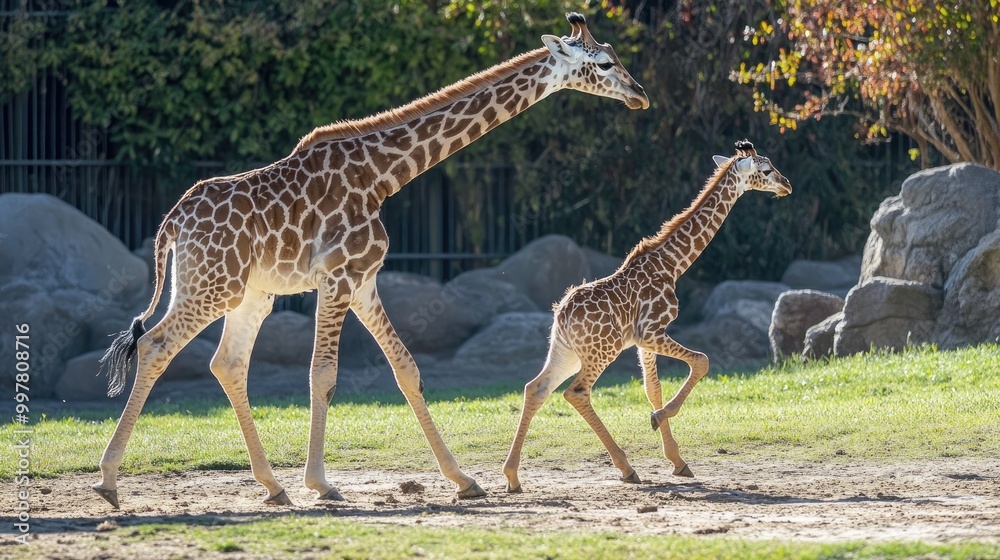 Obraz premium A giraffe calf learning to walk, stumbling on its long legs while its mother watches protectively from nearby.