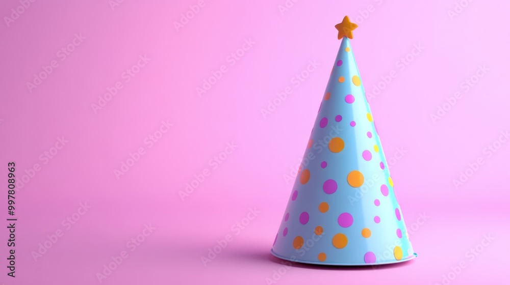 A colorful polka-dotted party hat with a gold star on top, standing against a pink background, suggestive of a festive or celebratory occasion. A colorful polka-dotted party hat with a gold star on top, standing against a pink background, suggestive of a festive or celebratory occasion.