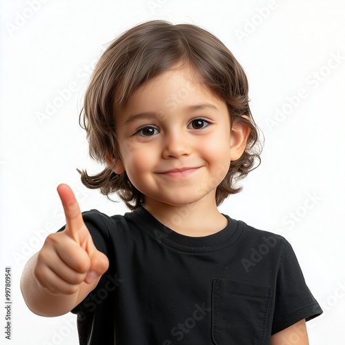 The boy smiles and shows a finger to the screen, points at you photo