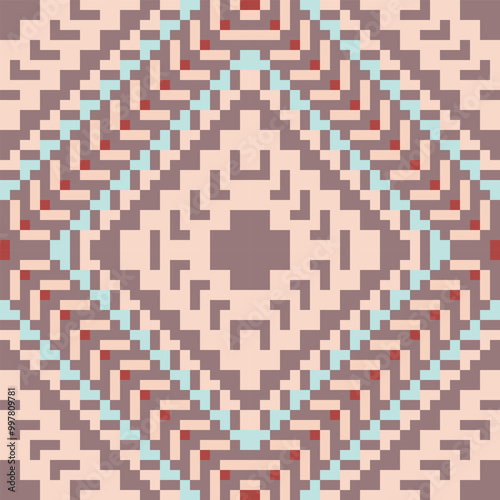 Pixel Art Traditional Indian Melodic Patternfolk Embroidery, Aztec Geometric Ornament Print. Design for Carpet, Wallpaper, Clothing, Wrapping, Fabric