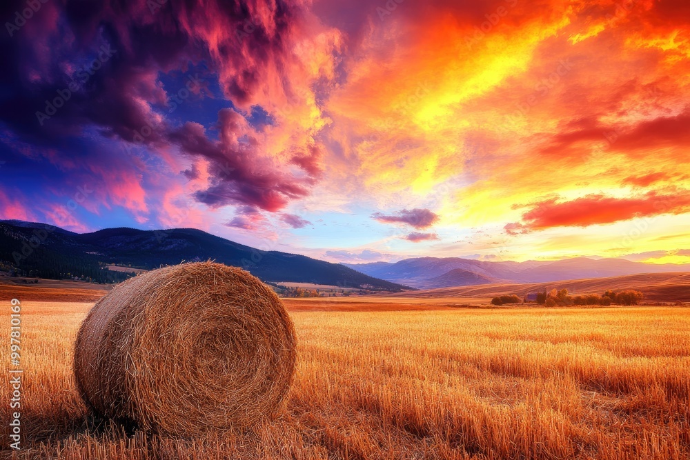 Hay Bale in Golden Field at Sunset Hay Bale in Golden Field at Sunset