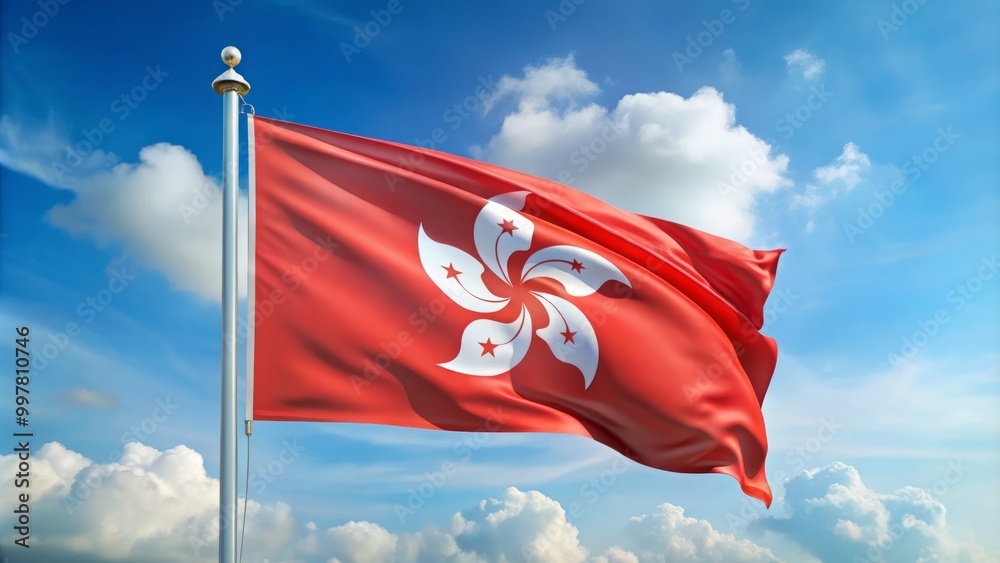 A bright Hong Kong flag flutters proudly against the clear blue sky, embodying the city’s cultural identity and A bright Hong Kong flag flutters proudly against the clear blue sky, embodying the city’s cultural identity and