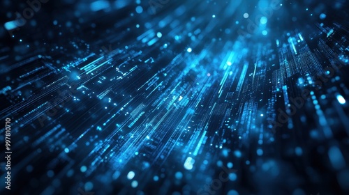 Abstract Digital Network of Blue Lines and Glowing Particles