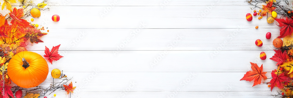 Fototapeta premium Autumn leaves and pumpkin on white wood background.