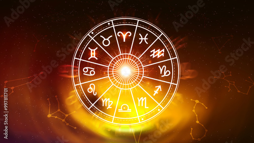 Concept of astrology and horoscope, person inside a zodiac sign wheel, Astrological zodiac signs inside of horoscope circle, Astrology, knowledge of stars in the sky, power of universe concept.