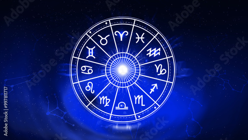 Concept of astrology and horoscope, person inside a zodiac sign wheel, Astrological zodiac signs inside of horoscope circle, Astrology, knowledge of stars in the sky, power of universe concept.