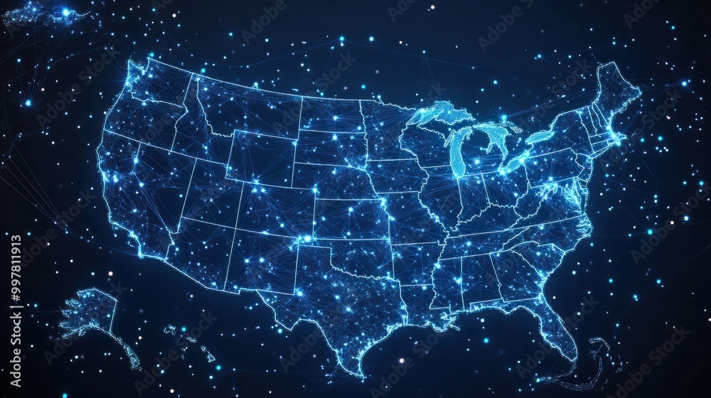 Digital map of USA, concept of North America global network and connectivity, data transfer and cyber technology, information exchange and telecommunication Digital map of USA, concept of North America global network and connectivity, data transfer and cyber technology, information exchange and telecommunication