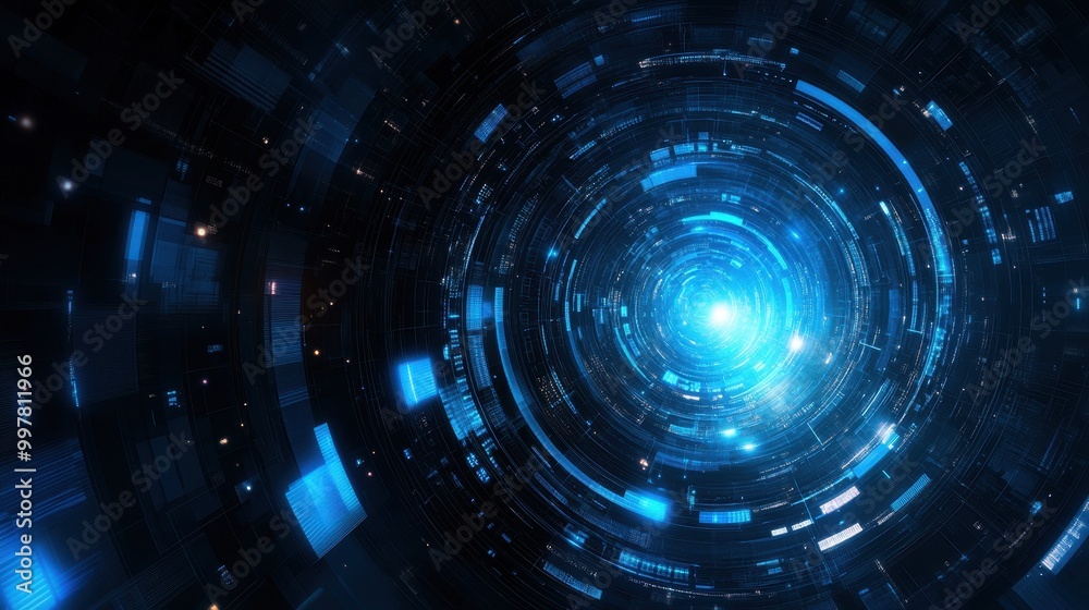 Abstract Digital Tunnel with Glowing Blue Lights and Geometric Patterns Abstract Digital Tunnel with Glowing Blue Lights and Geometric Patterns