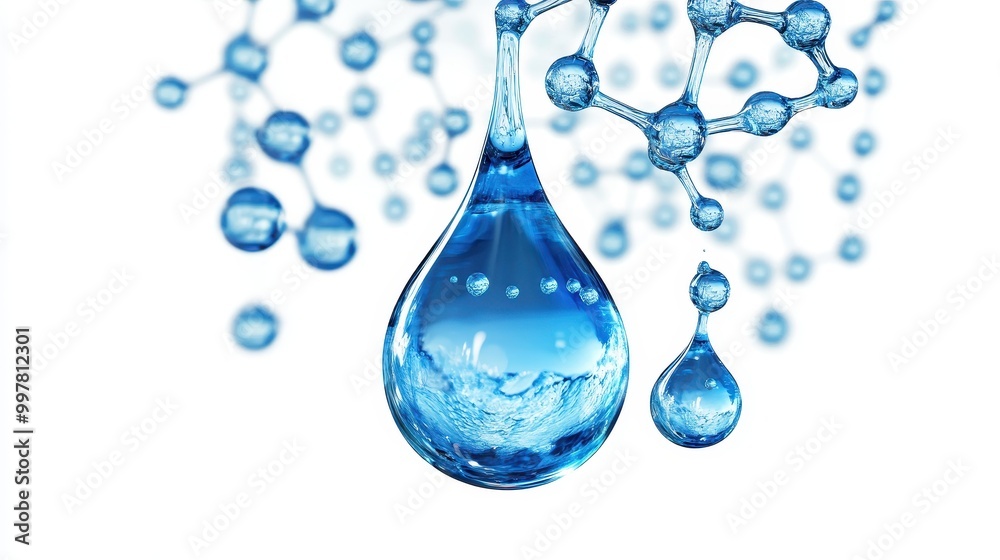Two Water Droplets Suspended in the Air with a Molecule Structure in the Background Two Water Droplets Suspended in the Air with a Molecule Structure in the Background