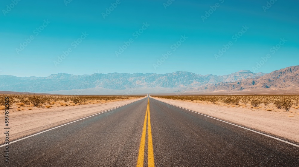 Fototapeta premium A long, straight road in the desert with mountains visible in the distance under a clear blue sky.