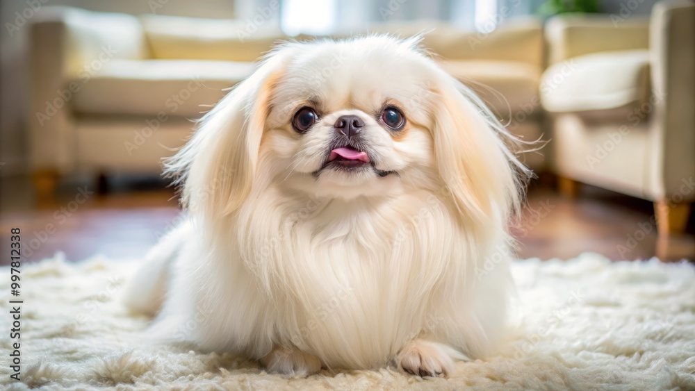 A charming white Pekingese dog sits elegantly on a plush carpet, exuding a playful expression that captures hearts A charming white Pekingese dog sits elegantly on a plush carpet, exuding a playful expression that captures hearts