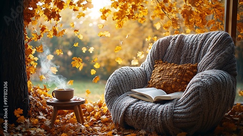 A cozy armchair in a reading nook, with an open book on the armrest and a steaming cup of tea on the side table, framed by golden autumn leaves falling from a tree outside. photo