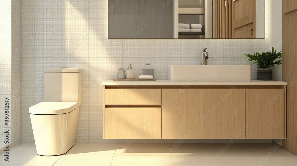 Fototapeta premium A minimalist bathroom with a flush toilet, sink, and simple storage cabinet, perfect for a clean and modern look.
