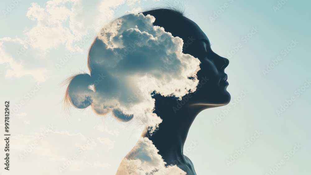 Silhouette of a woman with clouds in her head, symbolizing a mental health concept, in a double exposure. Silhouette of a woman with clouds in her head, symbolizing a mental health concept, in a double exposure.
