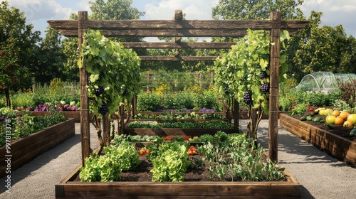 An organic garden with a rustic wooden trellis supporting grapevines, surrounded by raised beds filled with vegetables and herbs