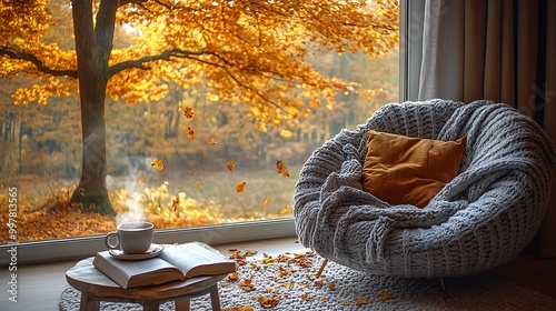 A cozy armchair placed beside a large window, an open book and a steaming coffee cup on the side table, overlooking a tree with golden autumn leaves falling outside. photo