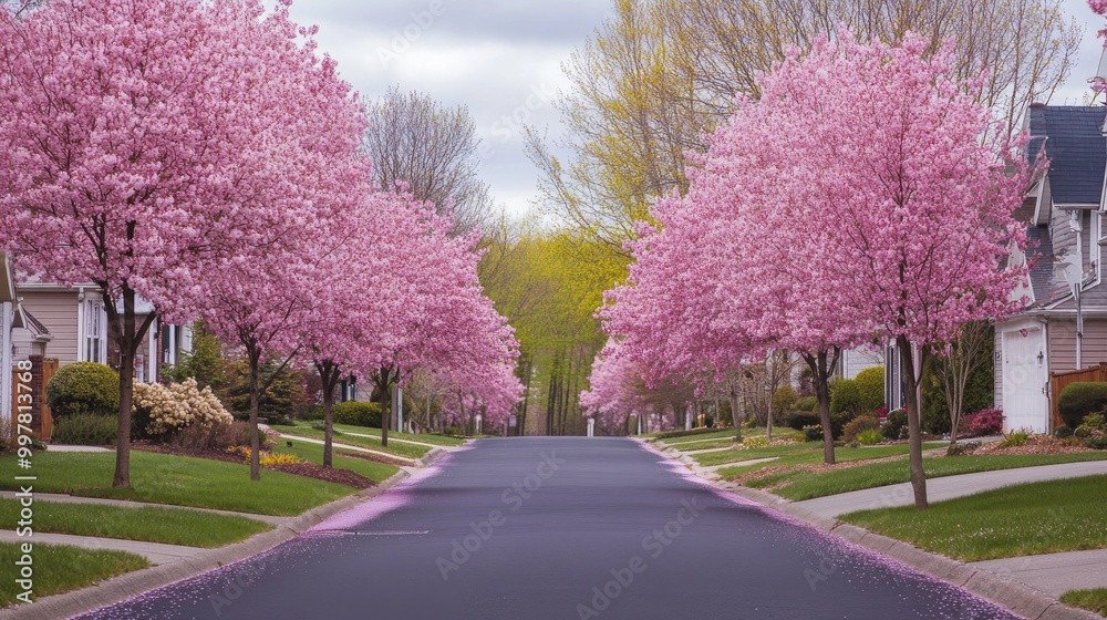 A road through a suburban neighborhood in spring, lined with cherry blossom trees in full bloom. A road through a suburban neighborhood in spring, lined with cherry blossom trees in full bloom.