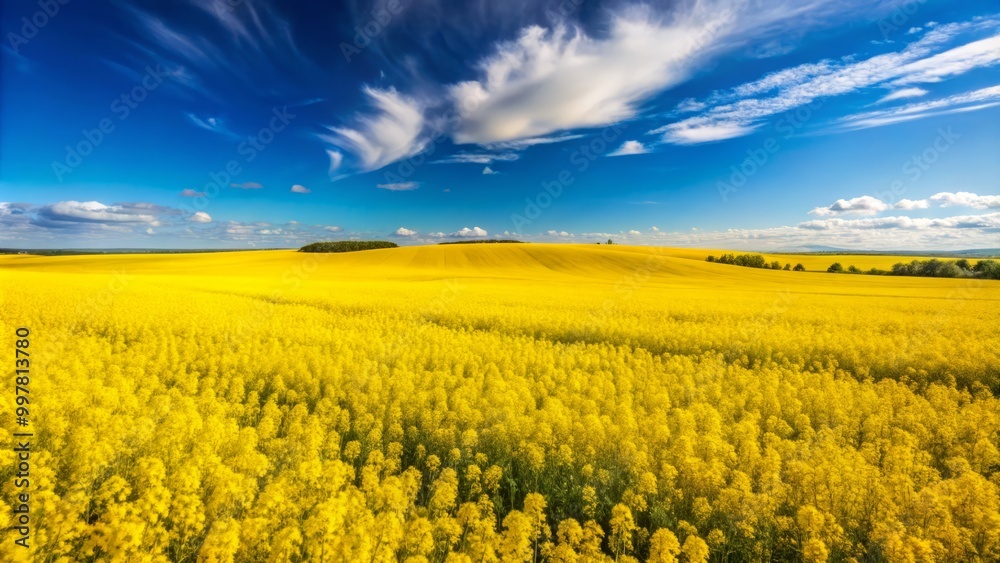A colorful canola flower field blooms under a bright blue sky, celebrating nature's splendor and showcasing the A colorful canola flower field blooms under a bright blue sky, celebrating nature's splendor and showcasing the