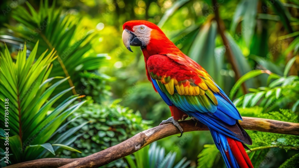 A colorful Mexican parrot rests on a branch, nestled among abundant green leaves, showcasing its beauty in a A colorful Mexican parrot rests on a branch, nestled among abundant green leaves, showcasing its beauty in a