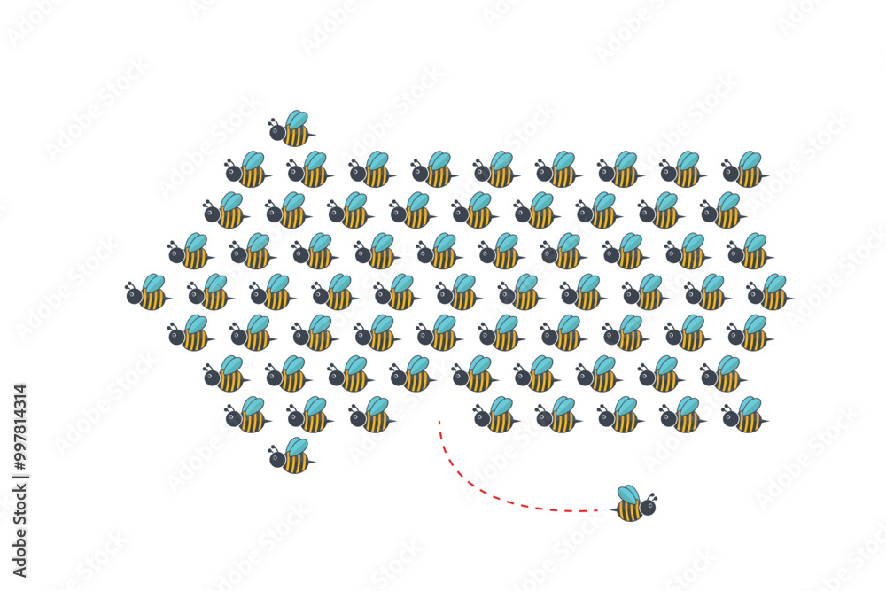 Think differently concept. One bee changing direction. Vector illustration	