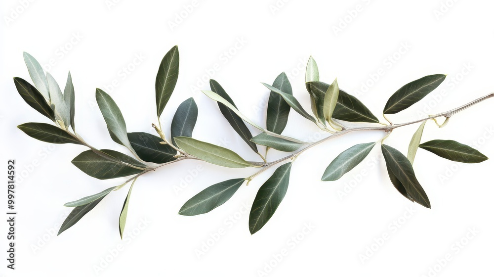 Obraz premium Olive Branch with Lush Green Leaves on White Background
