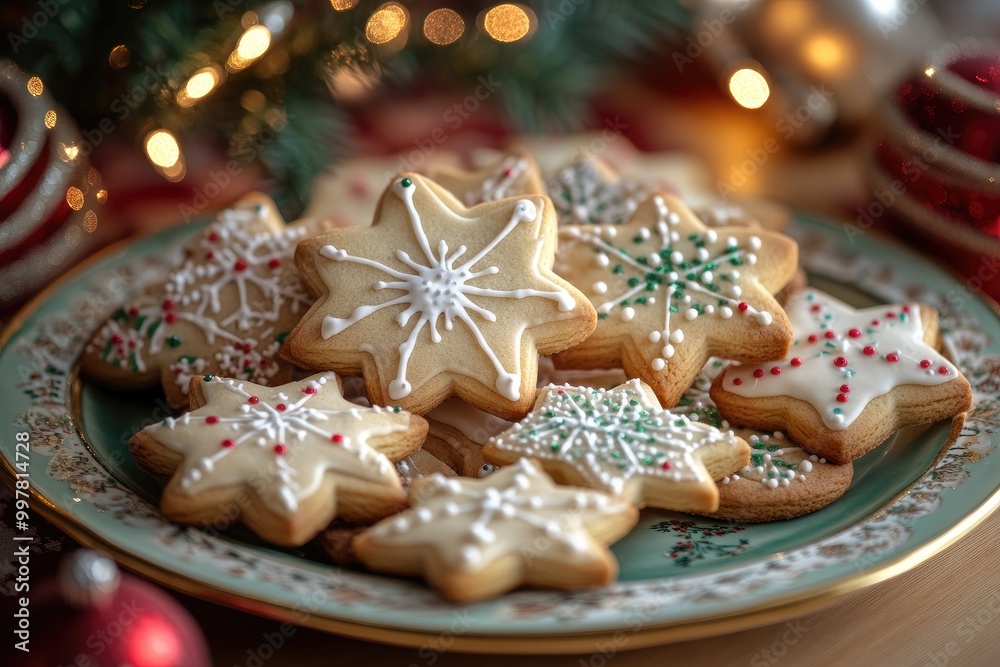 Plate of gingerbread cookies decorated with icing for christmas celebration Plate of gingerbread cookies decorated with icing for christmas celebration