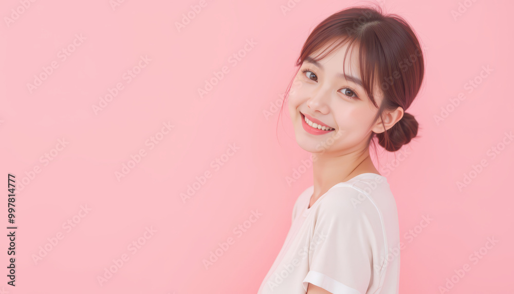 Smiling young woman in casual attire with a pink background. Smiling young woman in casual attire with a pink background.